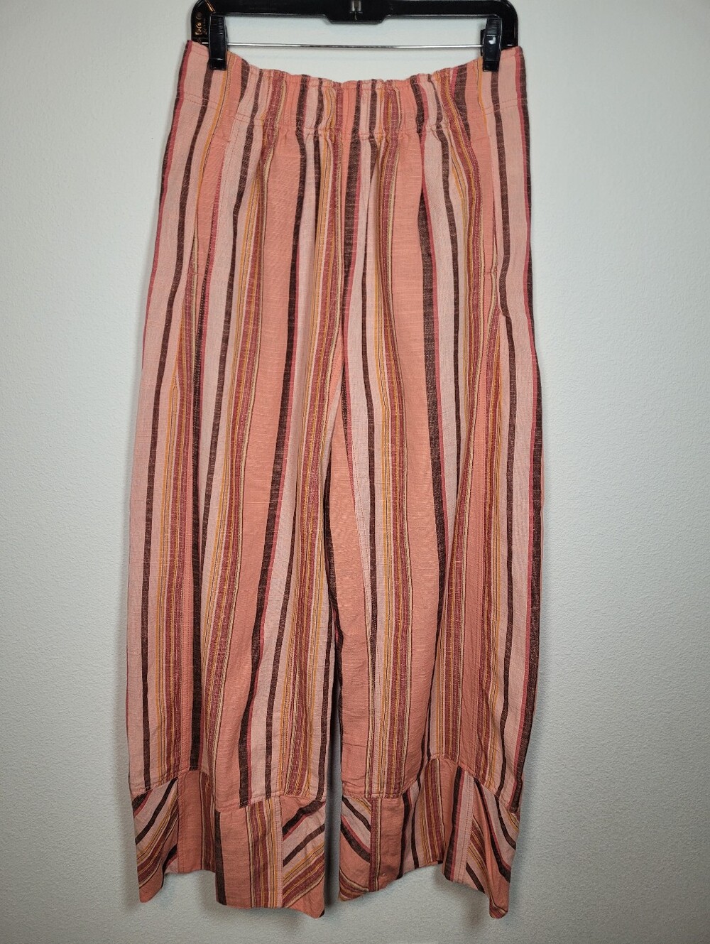Free People Days End Cotton Linen Stripe Wide Leg Pull On Pants Coral Pink Boho